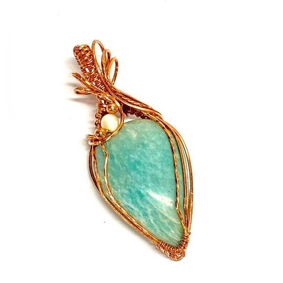 HANDMADE Amazonite & Mother of Pearl Hand Wrapped Pure Copper Statement Pendant - Picture 5 of 10